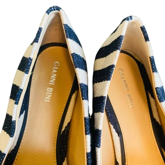 GIANNI BINI Blue White Nautical Stripe Canvas Pointy Toe Bow Flats - Picture 6 of 10